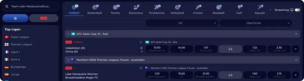 Live-Wetten-Interface bei ViperWin mit Echtzeitquoten und Spielstatistiken