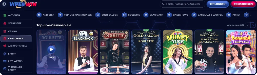 Live Casino Lobby bei ViperWin mit Roulette, Blackjack und Baccarat Tischen